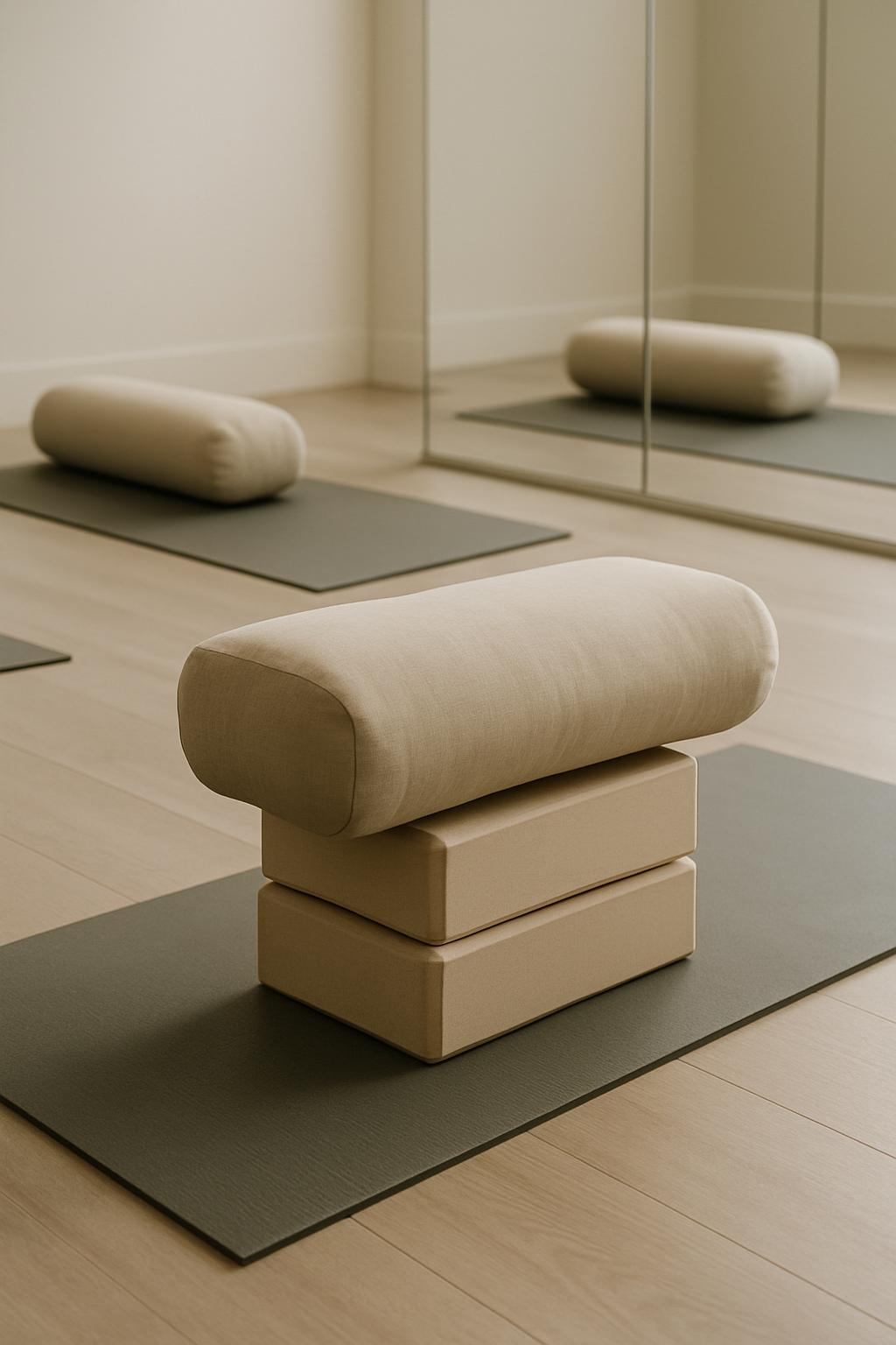 Stacked blocks and bolster, yoga mat, mirror reflection, light wood floor and wall.