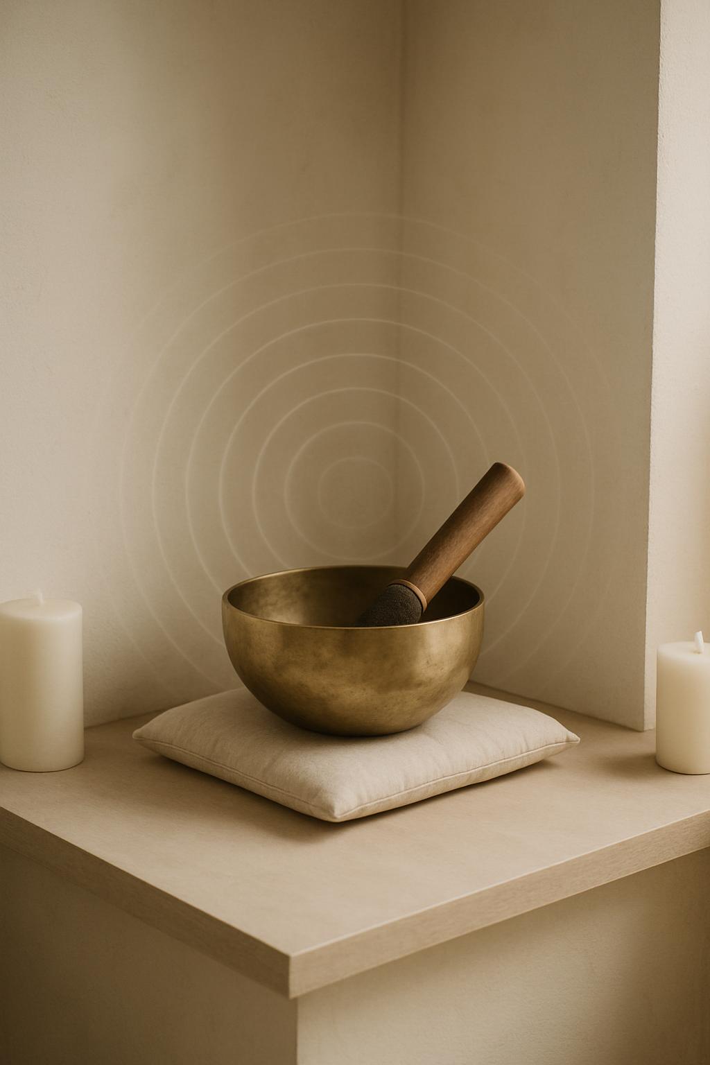 A golden singing bowl with a wooden mallet on a beige cushion, set against a beige wallpaper in a corner room with two whi...