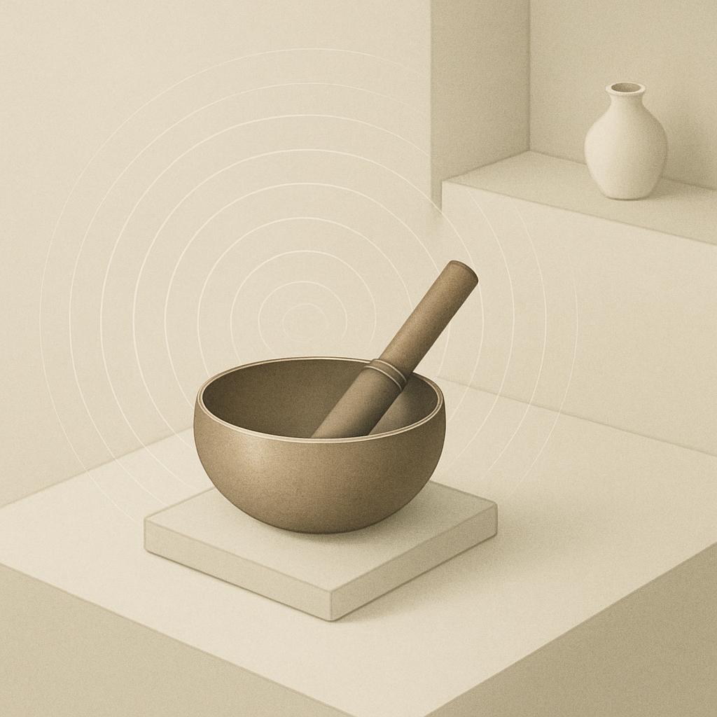 A grayscale photograph of a light-colored singing bowl on a square pad, next to a pedestal with a small white vase in the ...