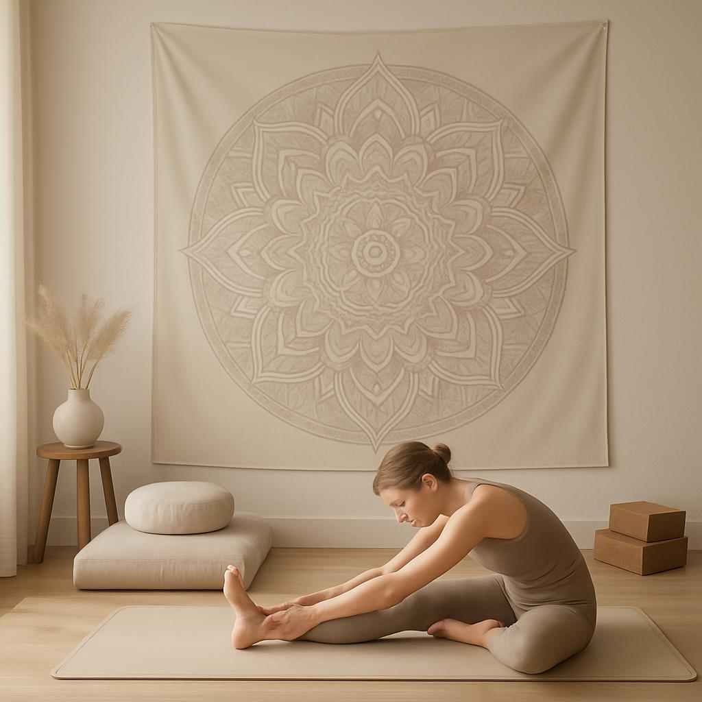 A woman sitting on a yoga mat, extending her left leg forward and grasping her left foot with both hands. She is dressed i...