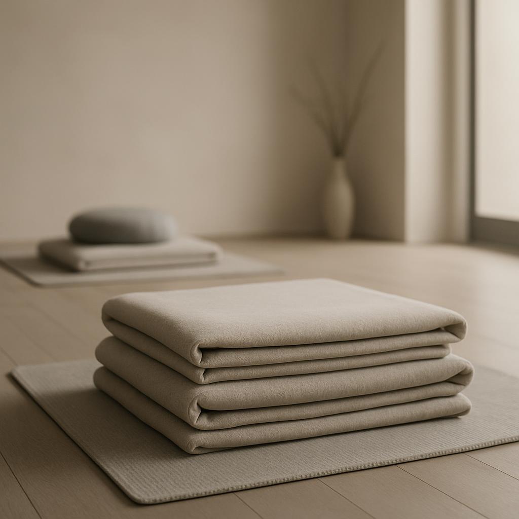 A beige folded blanket on top of a mat in a sparseness meditation room or zen hallway. A second folded mat and container c...